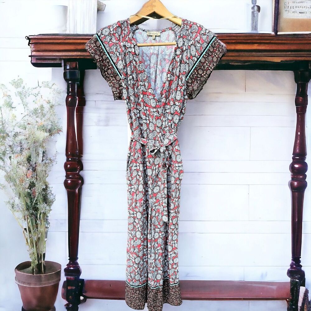 Democracy Red Floral Wrap Tie Wide Leg Jumpsuit S Short Sleeve Boho Festival - Picture 2 of 13